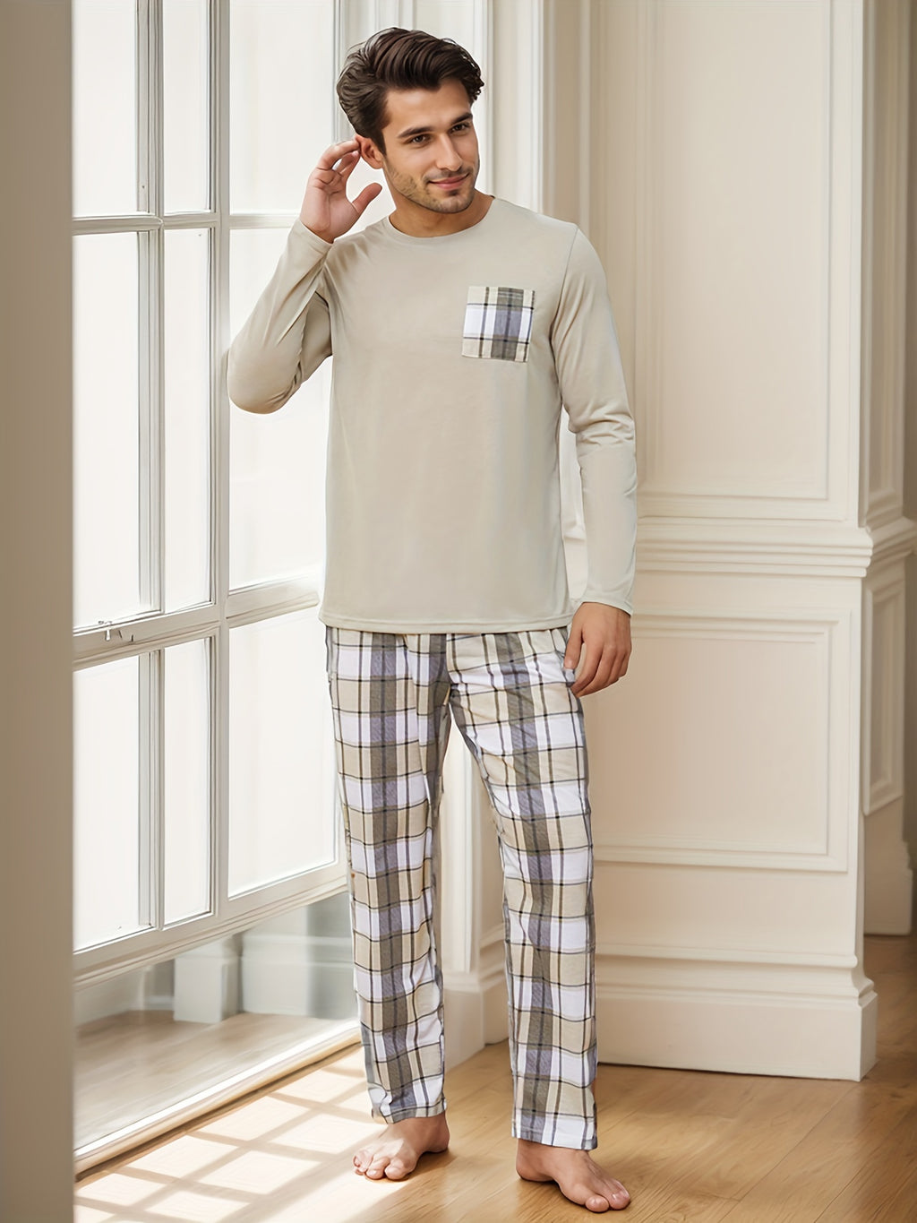 Polyester Long Sleeve Trousers Men's Pajama Set