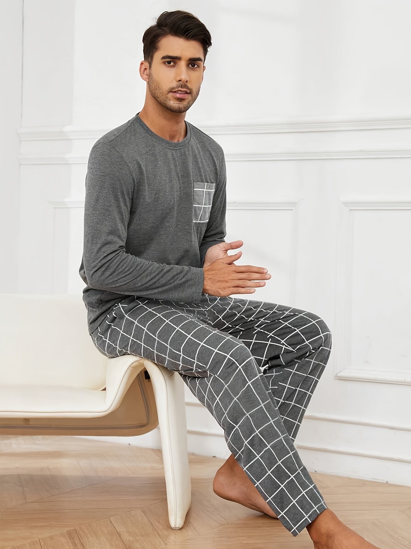 Polyester Long Sleeve Trousers Men's Pajama Set
