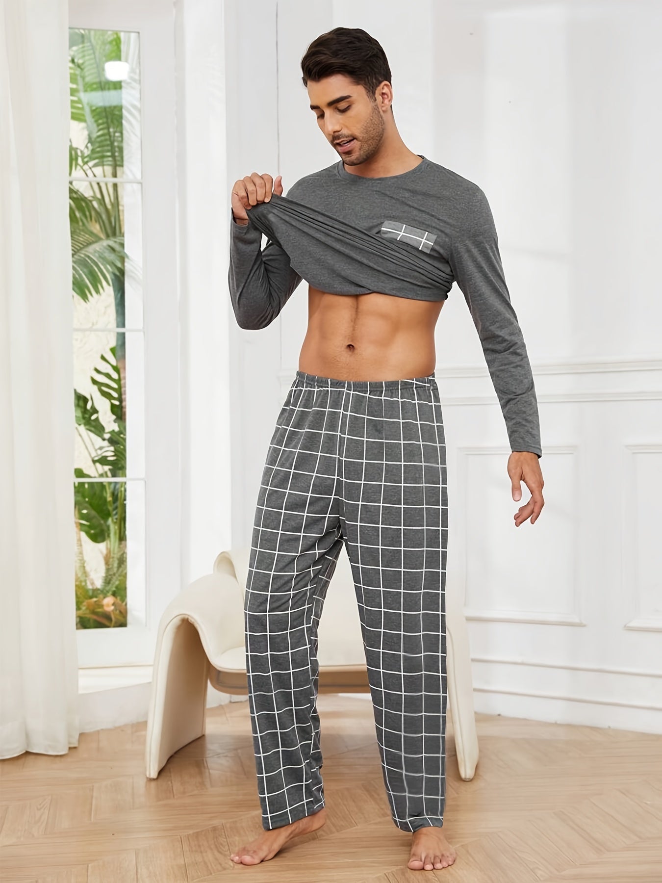 Polyester Long Sleeve Trousers Men's Pajama Set