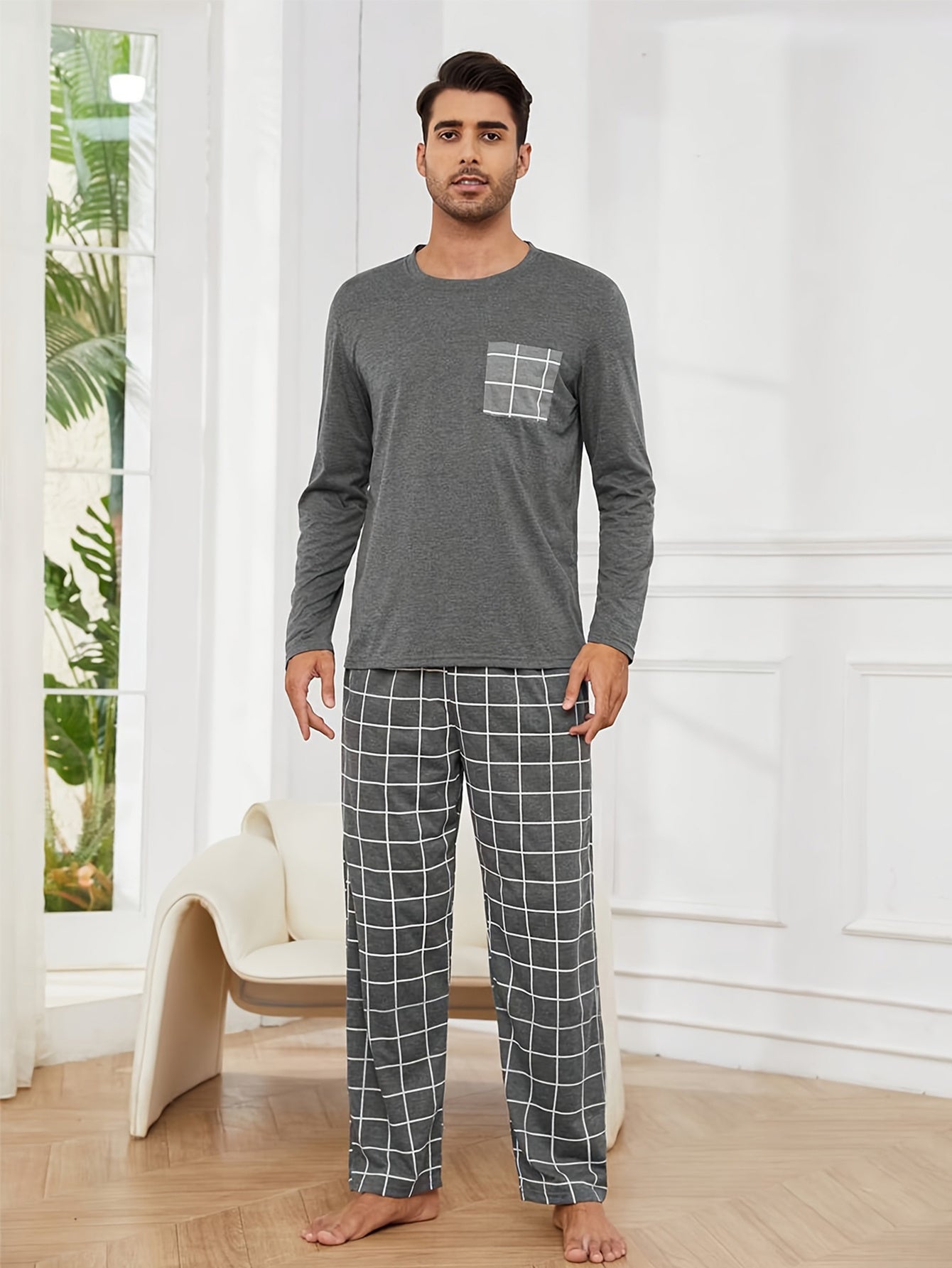 Polyester Long Sleeve Trousers Men's Pajama Set