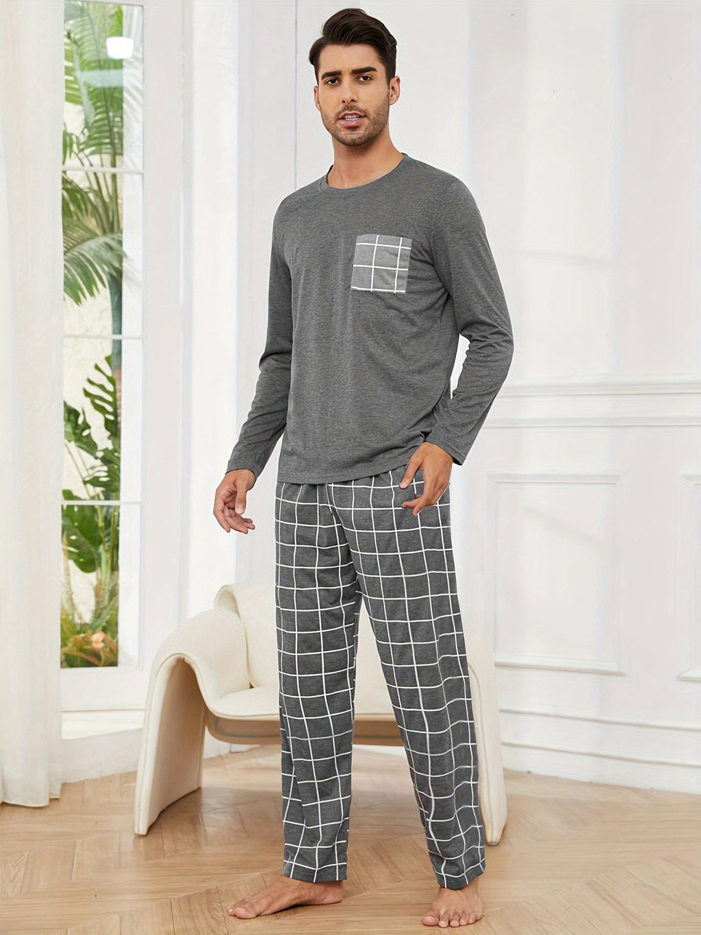 Polyester Long Sleeve Trousers Men's Pajama Set