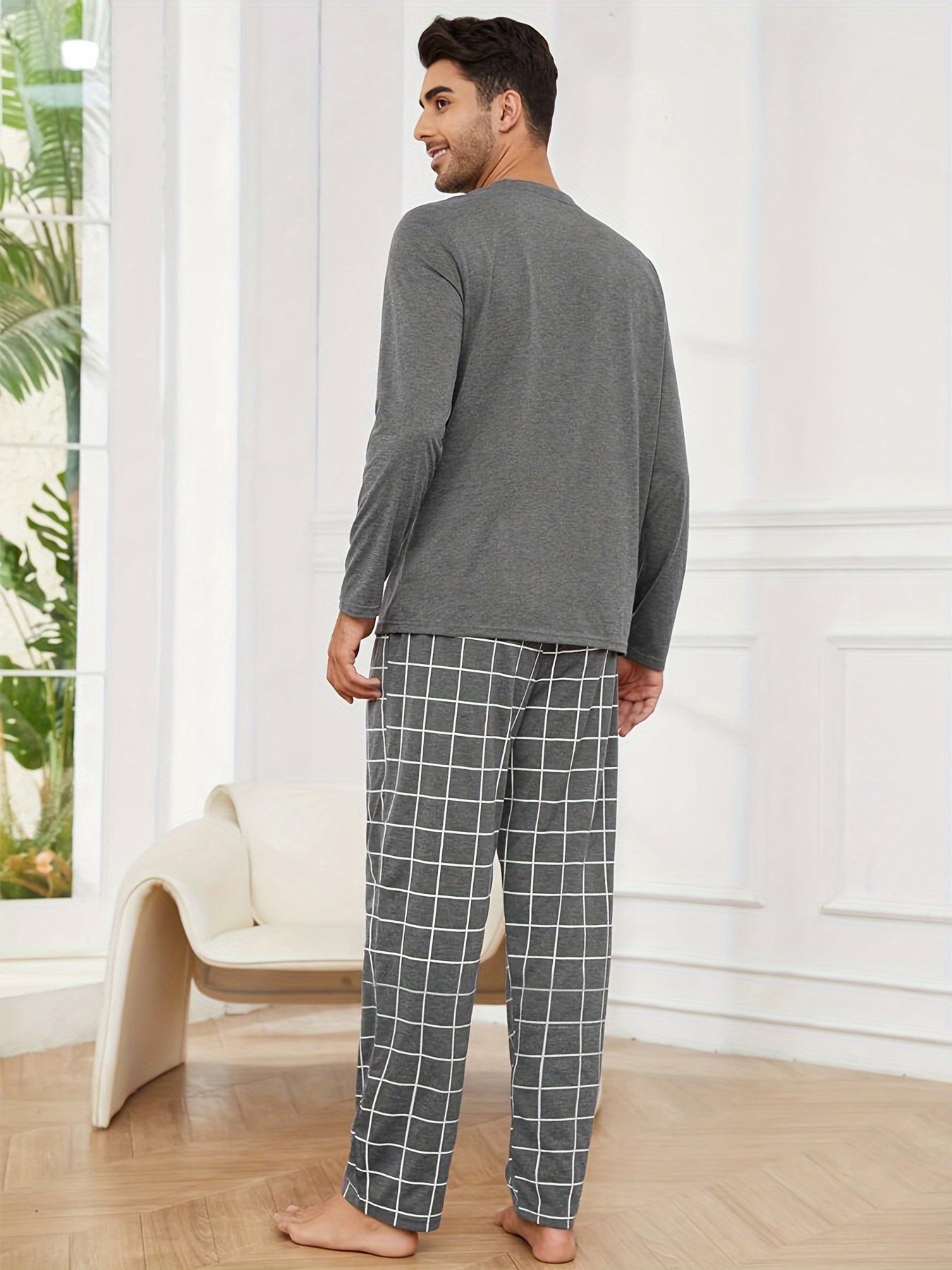 Polyester Long Sleeve Trousers Men's Pajama Set